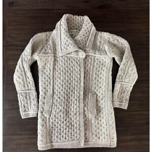 Aran Mor Sweater Womens Small Beige 100% Merino Wool Ireland Cable Knit Coat